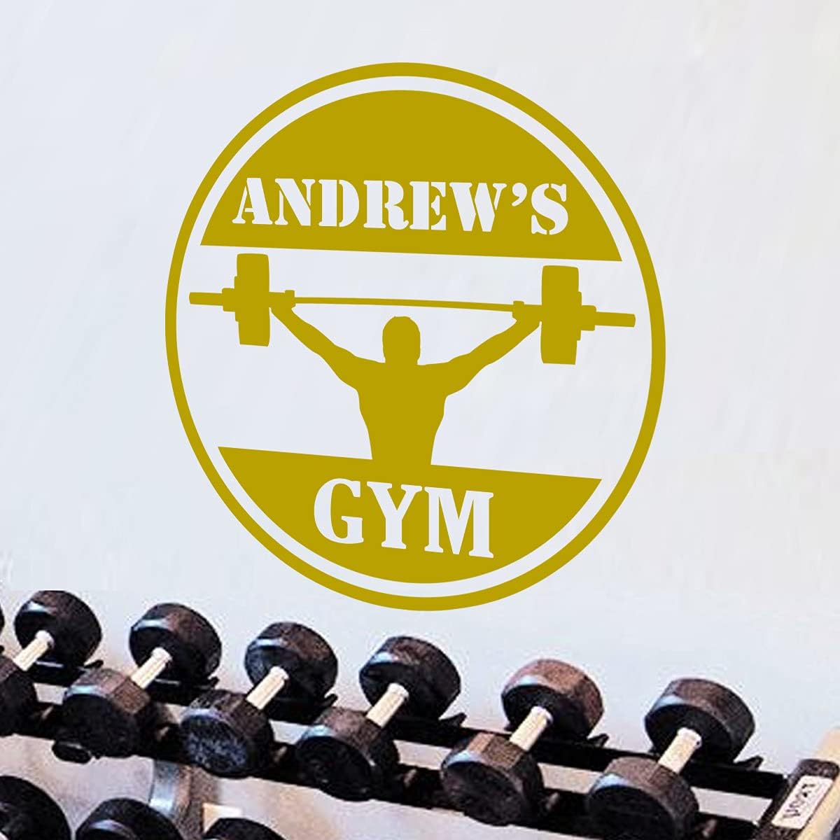 VWAQ Gym Wall Decal Workout Room Decor Personalized Name - CS62 (23" H X 23" W, Gold)