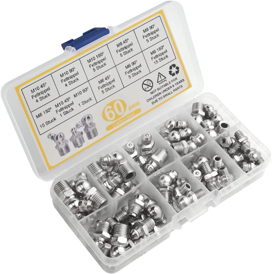 60Pcs Metric Hydraulic Grease Fitting Galvanized Steel M6 M8 M10 Straight 90 Degree 45 Degree Grease Fitting Assortment Kit