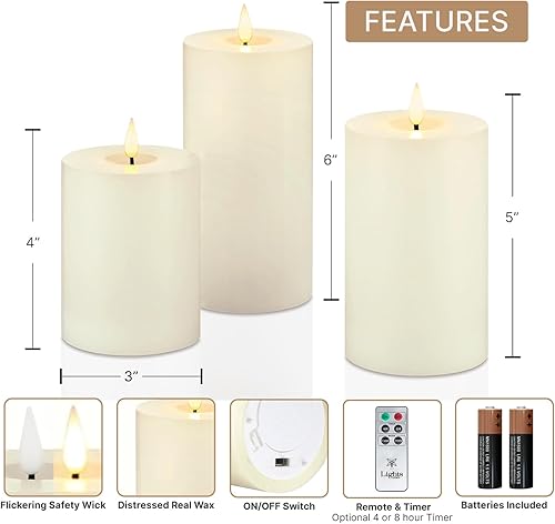Miniatura 9 de LampLust Velas de pilar sin llama de 4 x 6 pulgadas, funciona con pilas, cera real, llama parpadeante 3D con mecha, control remoto y temporizador