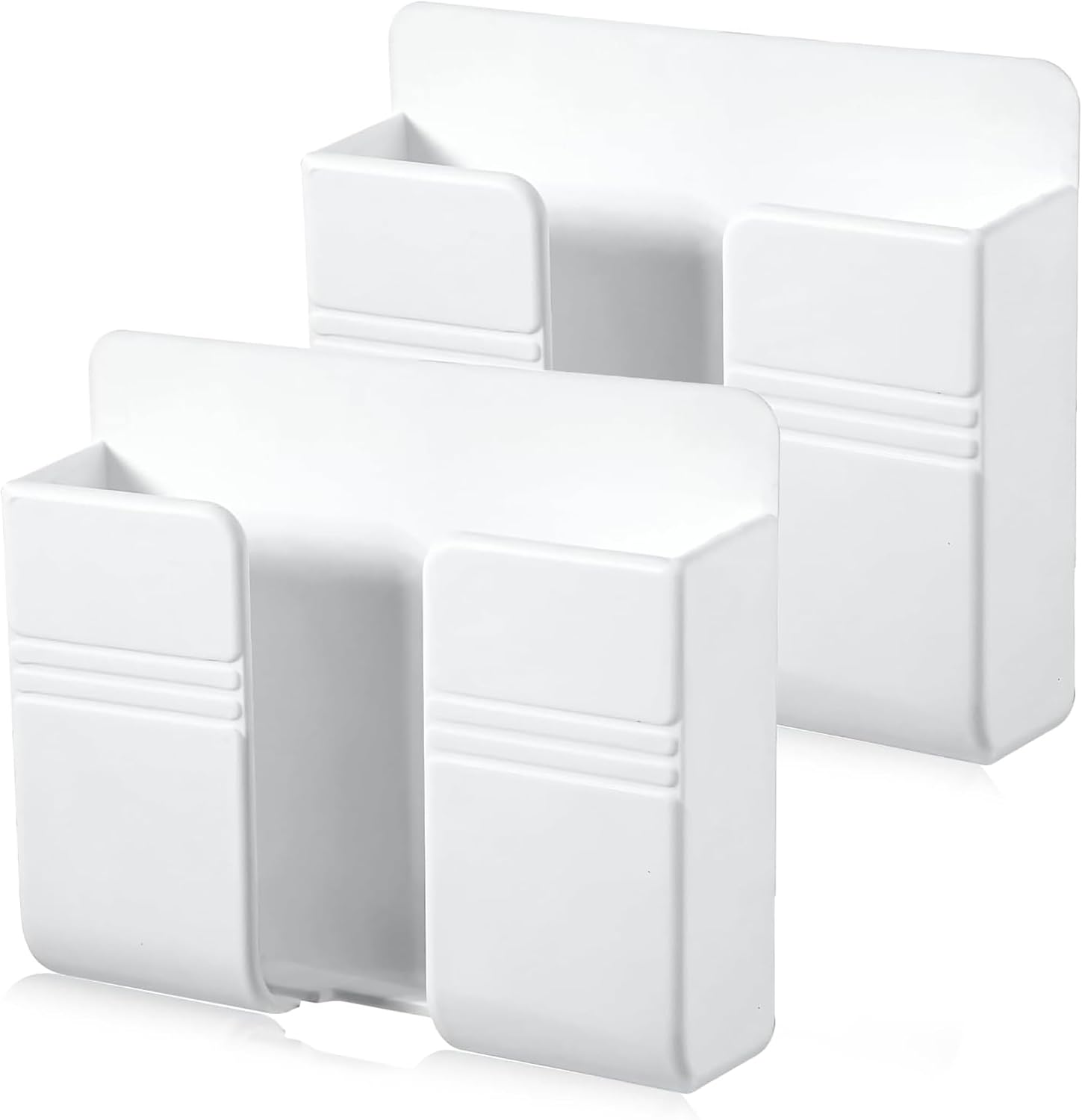 2 Pcs Wall Mount Phone Holder with Self Adhesive, Bedside Organizer Shelf for Remote Control & Charger Storage, Cordless Cell Stand for Office Bedroom (White) for Home Use