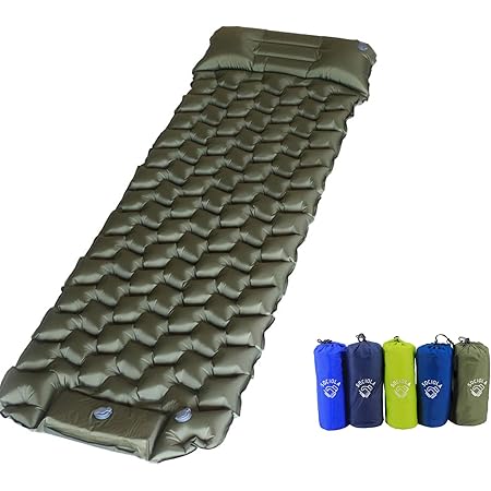 Amazon エアーマット キャンプ用マット 足踏み式 ソロキャンプ シングル キャンピングマット 最新 最軽量版 Sociola アウトドアマット 簡単収納 携帯便利 折りたたみ バックパッキング コンパクト 車中泊マット 簡易マット 寝袋 超軽量 防水 枕付き一体化