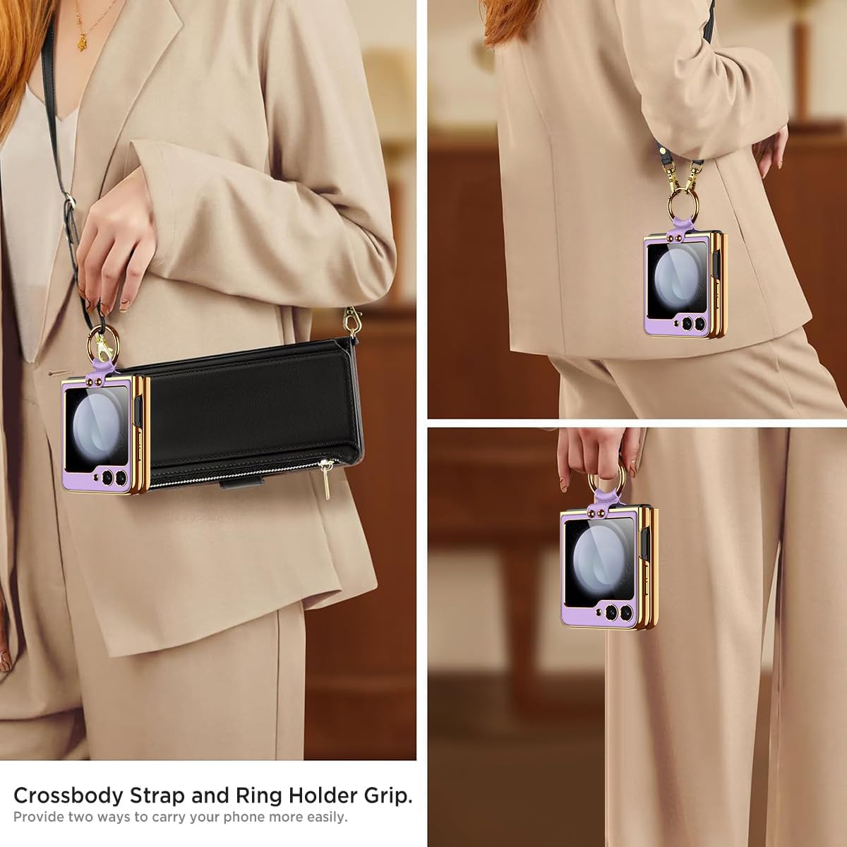 Miimall Crossbody for Z Flip 5 Case with Ring and Screen Protector, Ultra Slim Matte Leather Wear-Resistant Shockproof Anti-Slip Foldable Cover Case for Samsung Z Flip 5 Purple