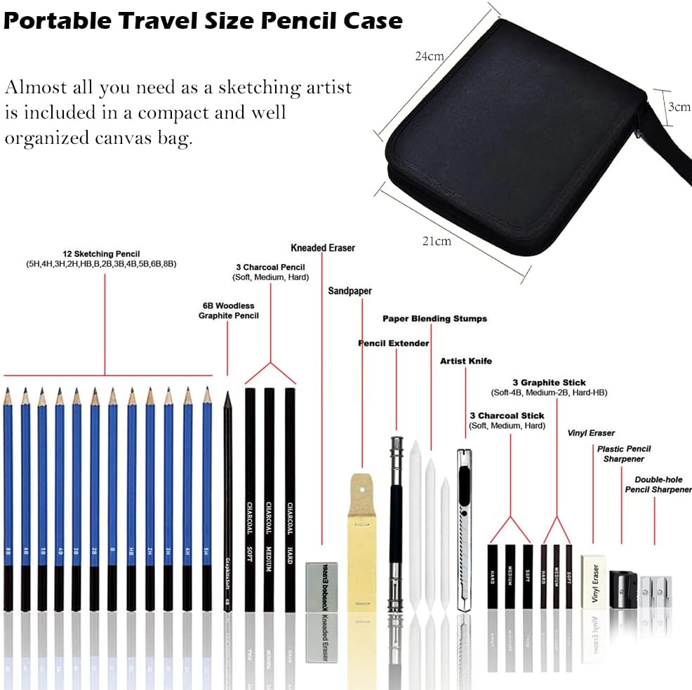 33 Pack Sketching Drawing Kit Pro Sketching Supplies with Charcoal Pencils, Sketch Pencils, Charcoal Stick, Sharpener, Eraser for Artists Adults Teens Beginner Kid, Ideal for Shading, Blending