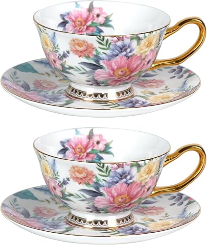Miniatura 26 de KAMMAK Juego de 2 tazas de té y platillos, tazas de café de porcelana fina, tazas de café apilables de 8.5 onzas, Demitasse de cerámica para café,