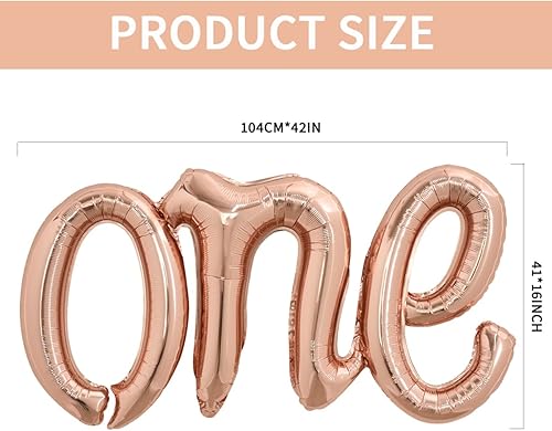Miniatura 2 de TONIFUL Pancarta de Globos Rose Gold One, 42*16 Pulgadas Lámina de Mylar con Escritura, Banderín de Globos con Letras Cursivas ONE Reutilizable de