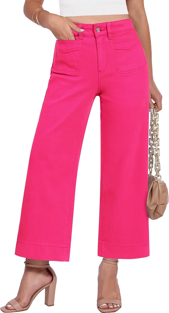 GRAPENT Pantalones vaqueros de pierna ancha para mujer, pantalones vaqueros elásticos recortados de cintura alta | Silueta de pierna ancha sin esfuerzo, bolsillos de parche delanteros, entrepierna de 27 pulgadas, longitud recortada, pantalones vaqueros modernos, atuendo informal elegante