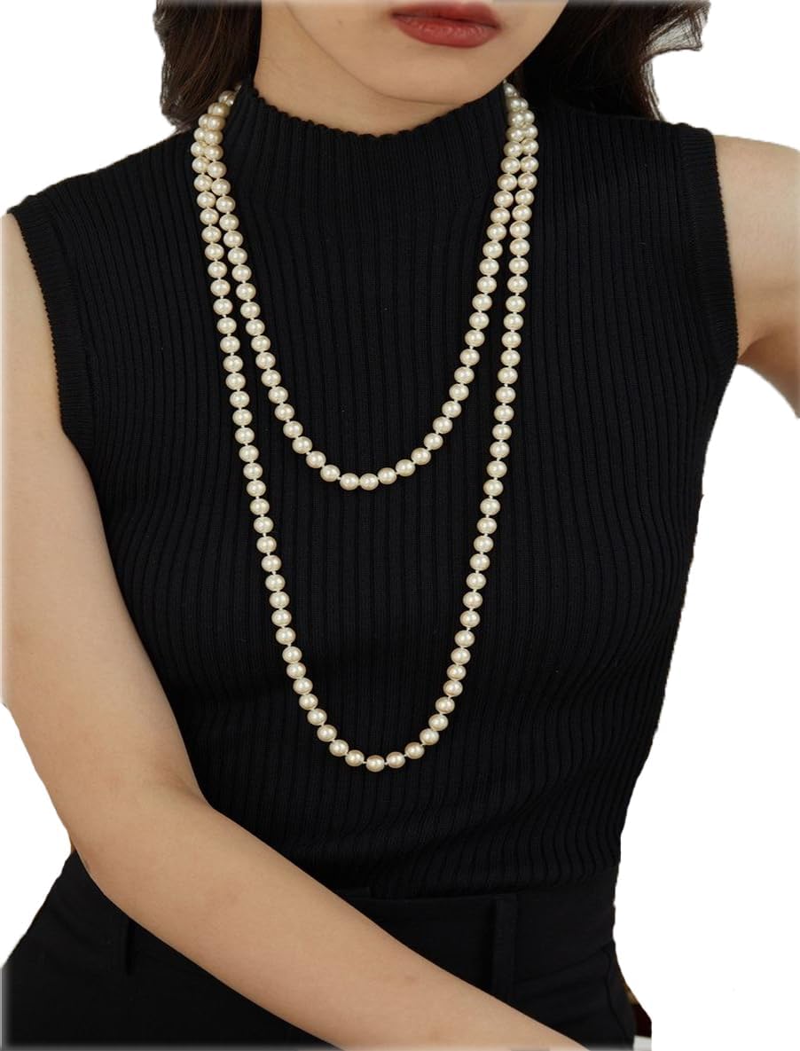 Long Pearl Necklaces for Women - 1920s Gatsby Faux Pearls Beaded Necklace for Wedding Bridesmaid Prom Costume