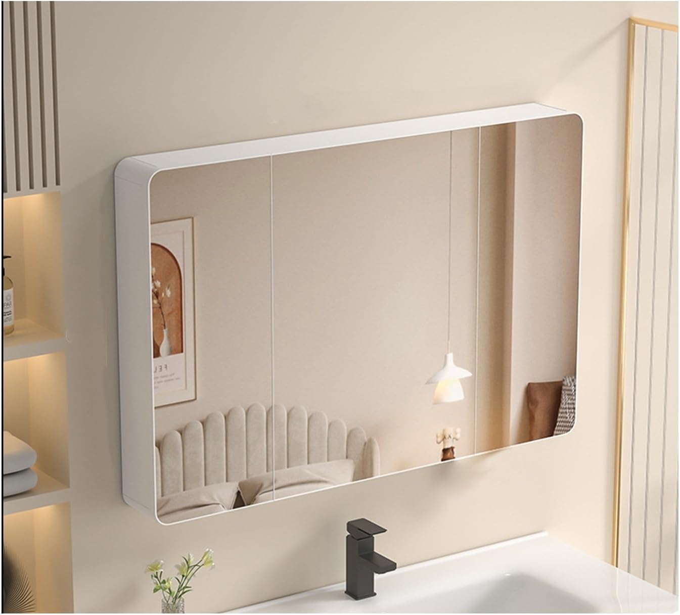 Storage Cabinet Wall Mounted Bathroom with Double Door and Mirror Mirror Cabinet Wall Mounted Bathroom Cabinet with Mirror Mirror Cabinet (White, 35.4 inches/90cm)