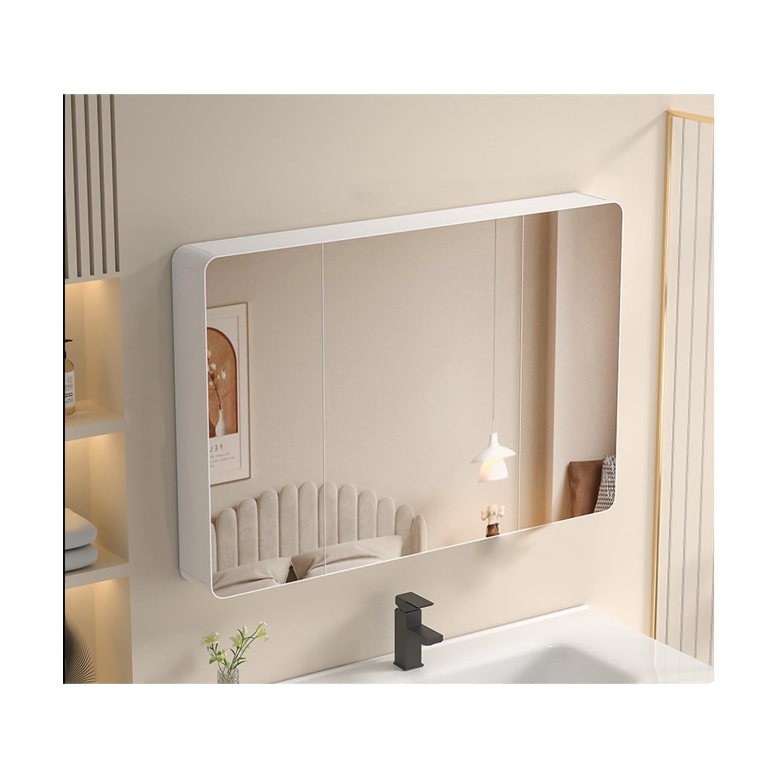 BKSXSOP Wall Mounted Bathroom Mirror Cabinet - Double Door Storage Cupboard, 90cm White Vanity with Mirror, Stylish Space-Saving Design for Modern Bathrooms