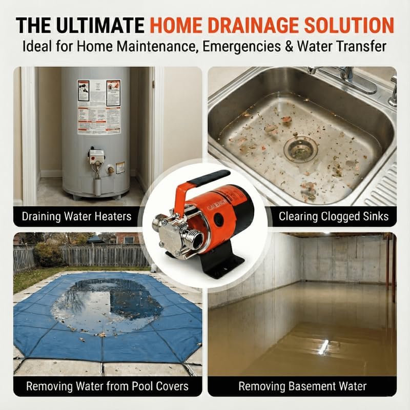 Miniatura 4 de Bomba de transferencia portátil de 115 V, bomba de extracción de agua de alto flujo de 330 GPH con mangueras de 6 pies y kit, autocebante, para