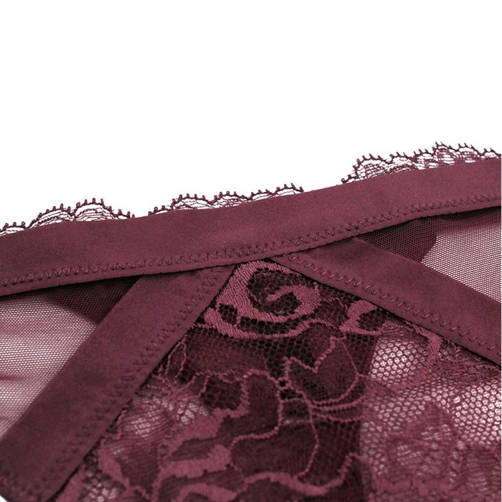 Tanga De Encaje Sexy For Mujer, Bragas Finas De Cintura Media De Encaje Transpirable Vino Tinto (Size : XL)