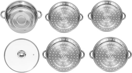 Miniatura 6 de Vaporizador de 5 niveles de acero inoxidable de fondo grueso, vaporizador de alimentos, olla de vapor de 10.3 in10.27 pulgadas con tapa de vidrio