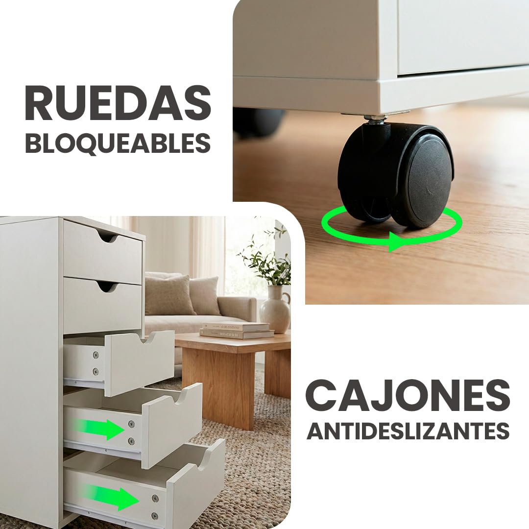 Marctani Cajonera Escritorio Blanca con 5 Cajones y Ruedas, Mueble Archivador Oficina de Madera para debajo de Mesa, Cajonera Pequeña y Estrecha (Fondo 30cm), Mueble Impresora con Ruedas