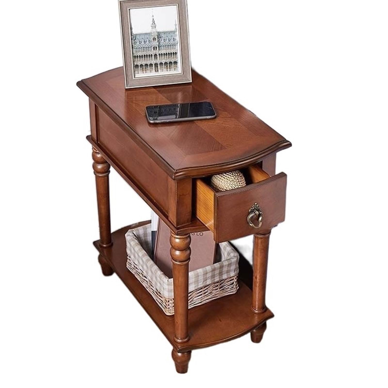 Sofa Wood Side Table, Narrow End Table with Open Storage Shelf and Drawer, Retro Rectangle Coffee Table Storage Cabinet Night Stand for Living Room, Bed Side Table for Bedroom Sofas For Living Room(Li