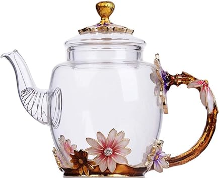 Floral Glass Teapot with France Enamel Flower Butterfly Decoration Safe Durable Floral Vintage Teapot10.6oz / 300ml Deep coffee color