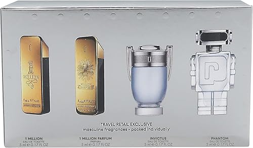 Paco Rabanne Mini set de 4 piezas para hombre UN MILLION 0.17 Eau De Toilette + UN MILLION 0.17 Parfum + INVICTUS 0.17 EDT + PHANTOM 0.17 EDT