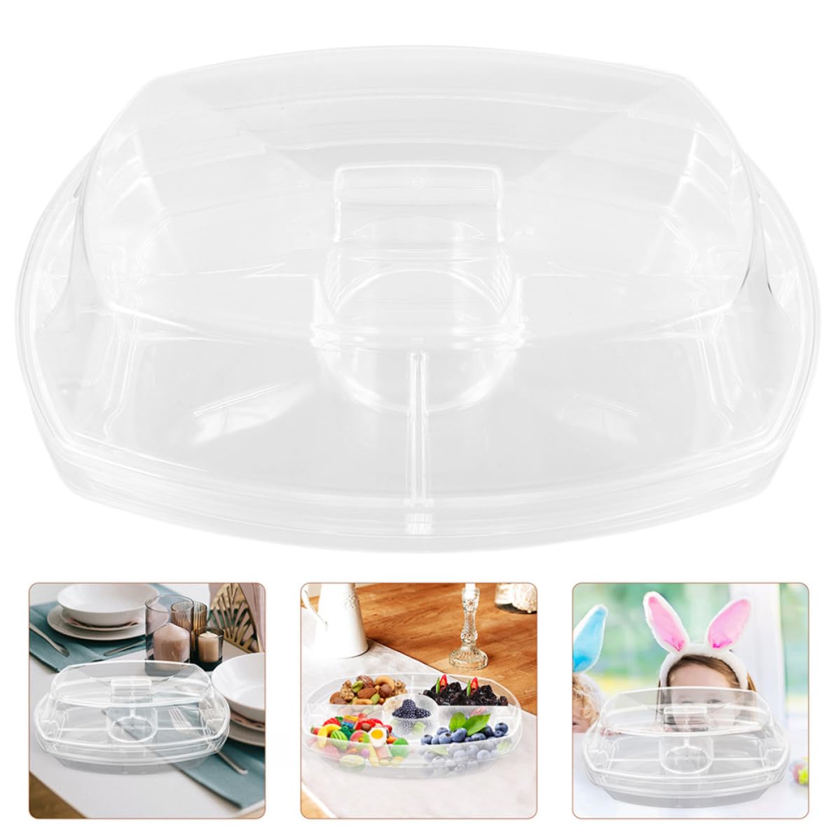 Plateau de Service Réfrigéré en Plastique avec Couvercle et 4 Compartiments, Facile à Nettoyer, pour Fruits et Snacks Lors de Toutes Occasions