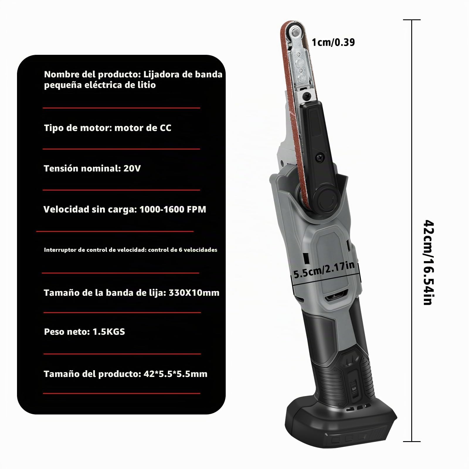 Lijadora de Banda Inalámbrica 10x330 mm para Makita 18V (sin Bat.) | Lima de banda eléctrica, con 3 bandas de lijado, 6 velocidades, ajustable 35°, para madera y metal