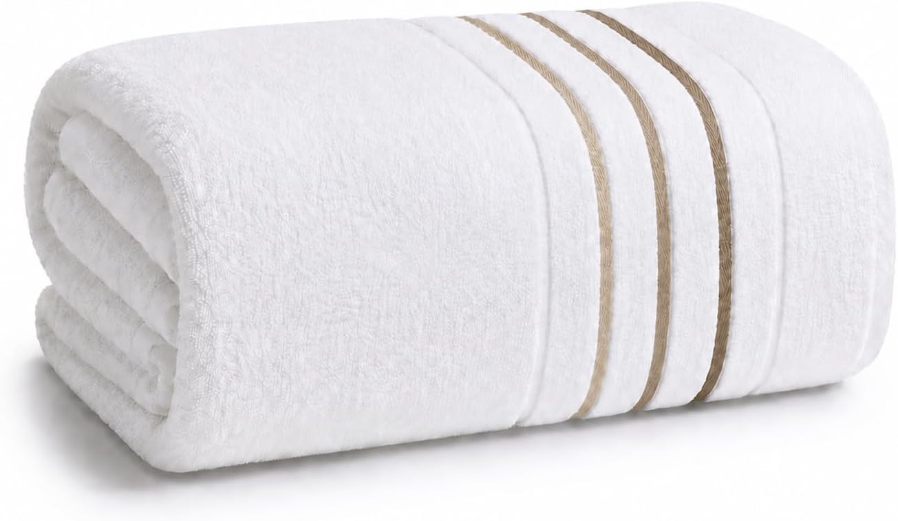 Luxury 6-Piece Cotton Towels 600 GSM Bath Towels for Bathroom, Hotel Spa Quality (2 Bath, 2 Hand, 2 Washcloths, White Blue Azure Stripe) (White/Taupe Brown, 1 Bath Sheet)