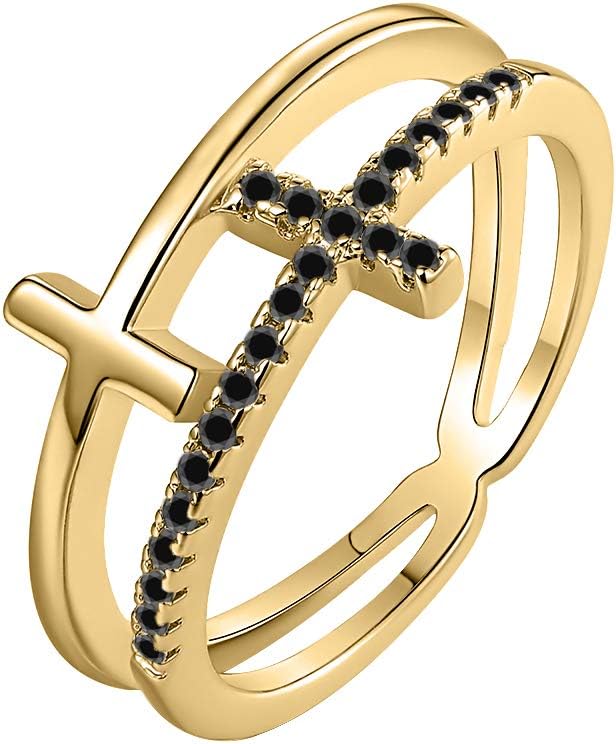 Womens Elegant 925 Sterling Silver Round Cut Gemstone 14K Yellow Gold Double Cross Ring Christian Fashion Wedding Band