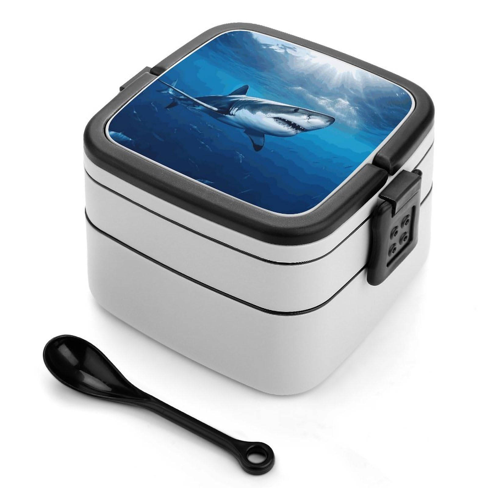 FekiLoot Ocean Sea Animal Shark Bento Box Adult Lunch Box Sealed Bento Lunch Boxes with Spoon Sturdy Double Layer Bento Boxes Snap-on Design Leak Proof Lunch Containers Ideal for Work