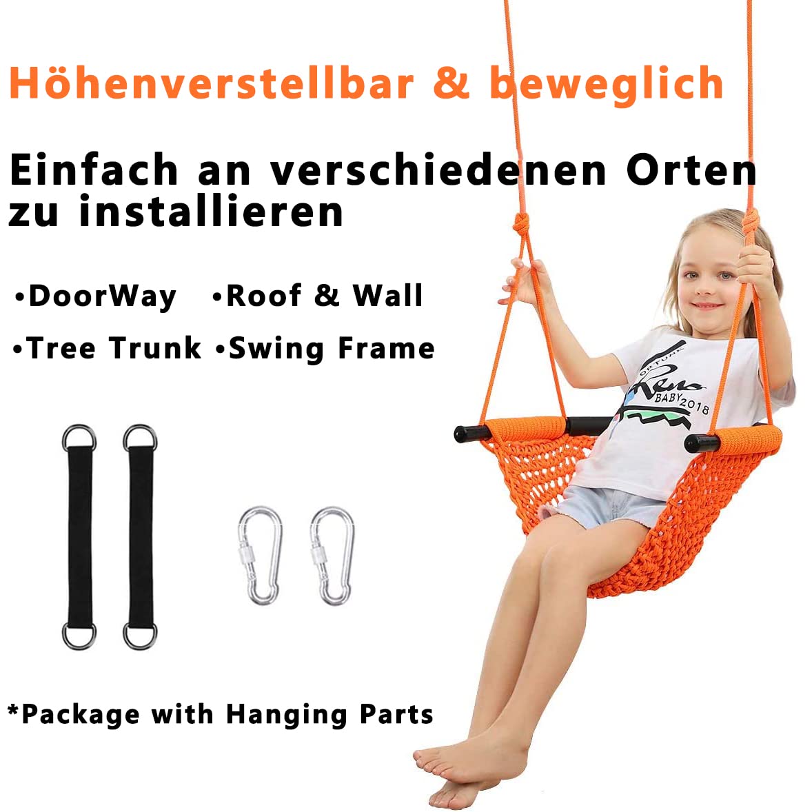 Schommelstoel Voor Kinderen Met Verstelbare Touwen, Handgebreide Kinderschommel Geweldig Voor Boom, Buiten, Binnen, Speeltuin, Achtertuin( Color:oranje