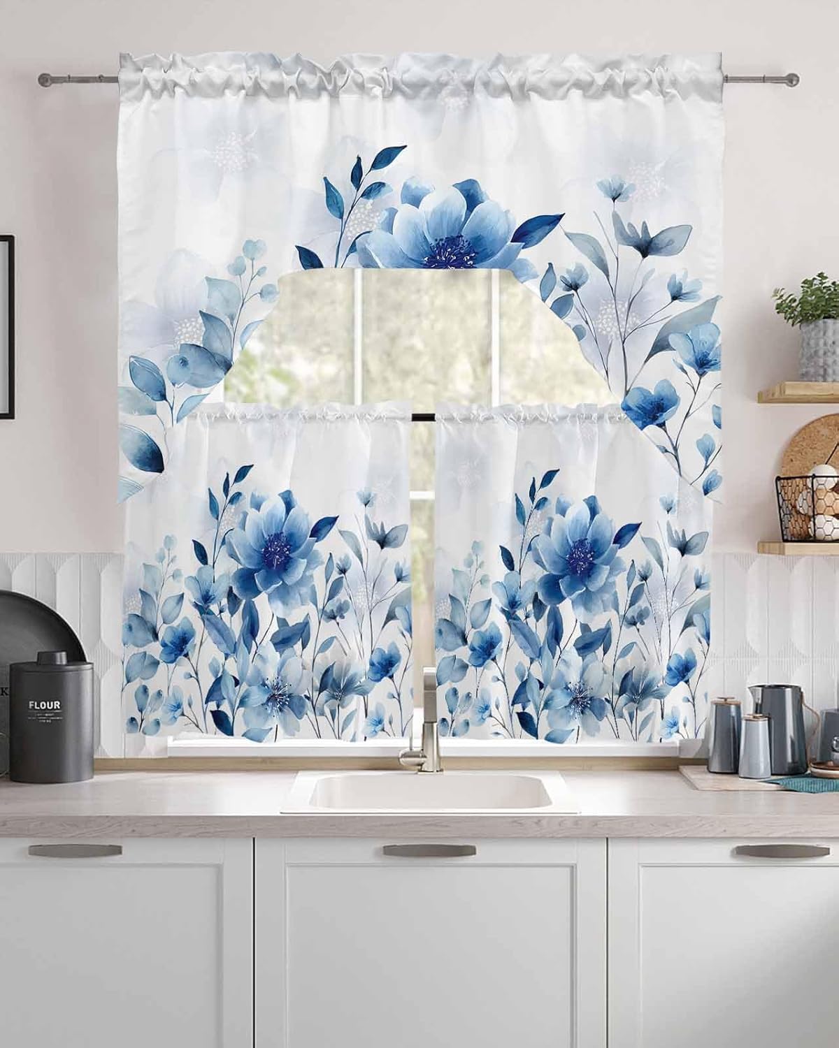 Tier and Swag Window Curtain Set,Watercolor Daisy Flower Butterfly Kitchen Valance Tier Curtains 3 Pieces Set,Green Leaf Plant on White Rod Pocket Valances Window Treatment for Living Room Bedroom