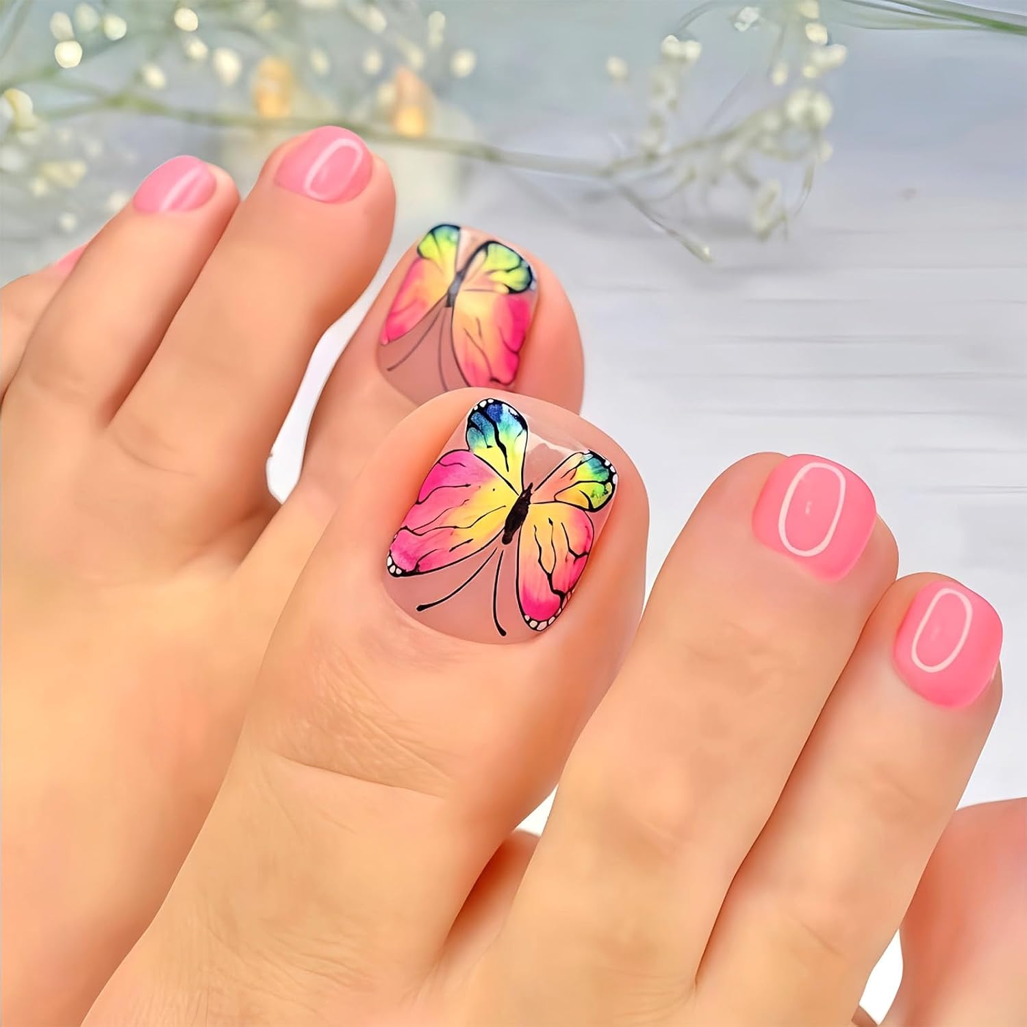 Spring Press on Toenails - Pink Glossy Short Square Nails