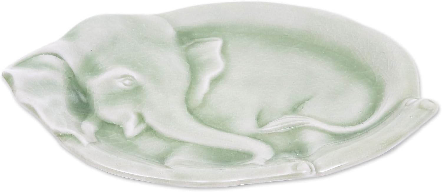 NOVICA Artisan Handmade Celadon Ceramic Plate Elephant Themed Green Thailand Tableware Dinnerware Plates Animal [1in H x 7.25in W x 5.25in D] ' Elephant at Rest in Green'