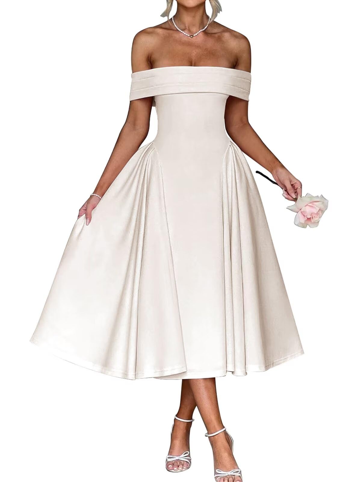 benoui Satin Off The Shoulder Formal Midi Dress for Women A Line Ruched Tea Length Prom Party Dresses