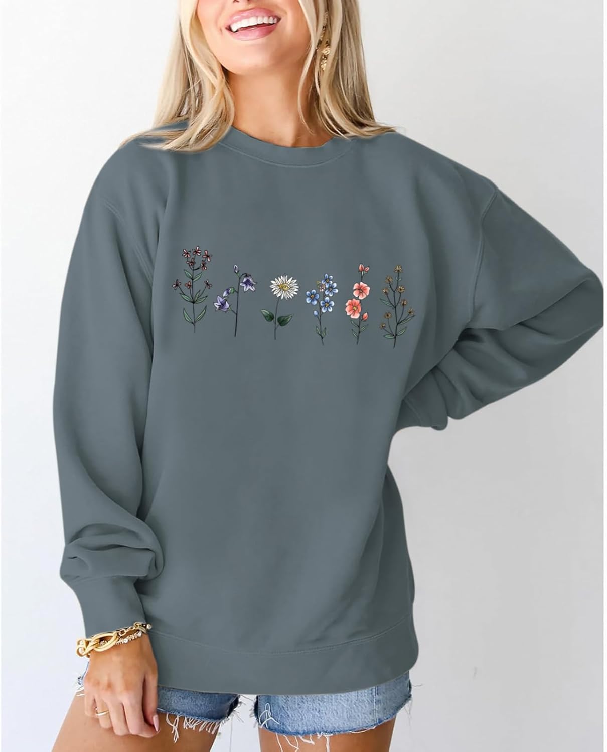 Flower Graphic Sweatshirt for Women Floral Printed Vintage Long Sleeves Shirt Crewneck Hoodie Loose Pullovers Tops - Image 2