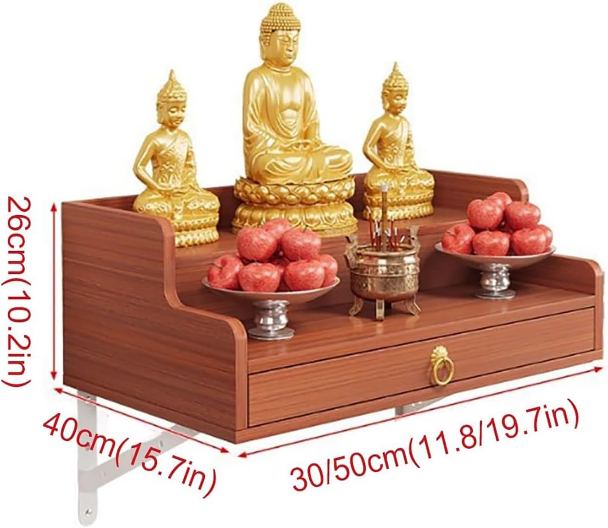 Wall-Mounted Buddha Altar Shelf With Triangular Bracket, Altar Table With Storage, Stable Load-bearing, Alter Cabinet For Witch Wiccan Buddhist Shrine Prayer Stand Riser Home Decor(Light walnut