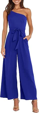 ANRABESS Women's Summer Dressy One Shoulder Sleeveless Tie Waist Backless Casual Wide Leg Jumpsuit Rompers Pockets