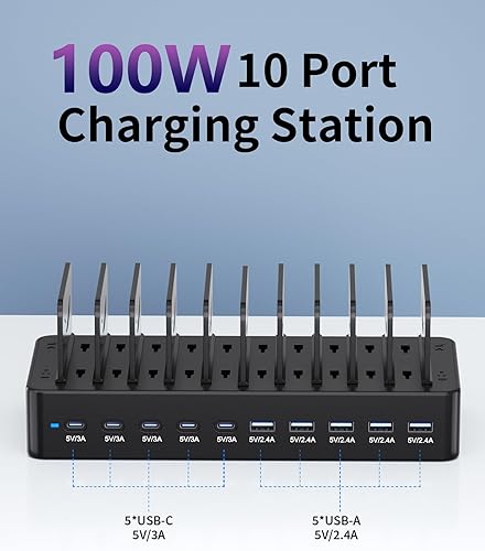Miniatura 2 de Estación de carga de 80 W para múltiples dispositivos, estación de carga rápida USB de 10 puertos con divisores ajustables y 10 cables, base de