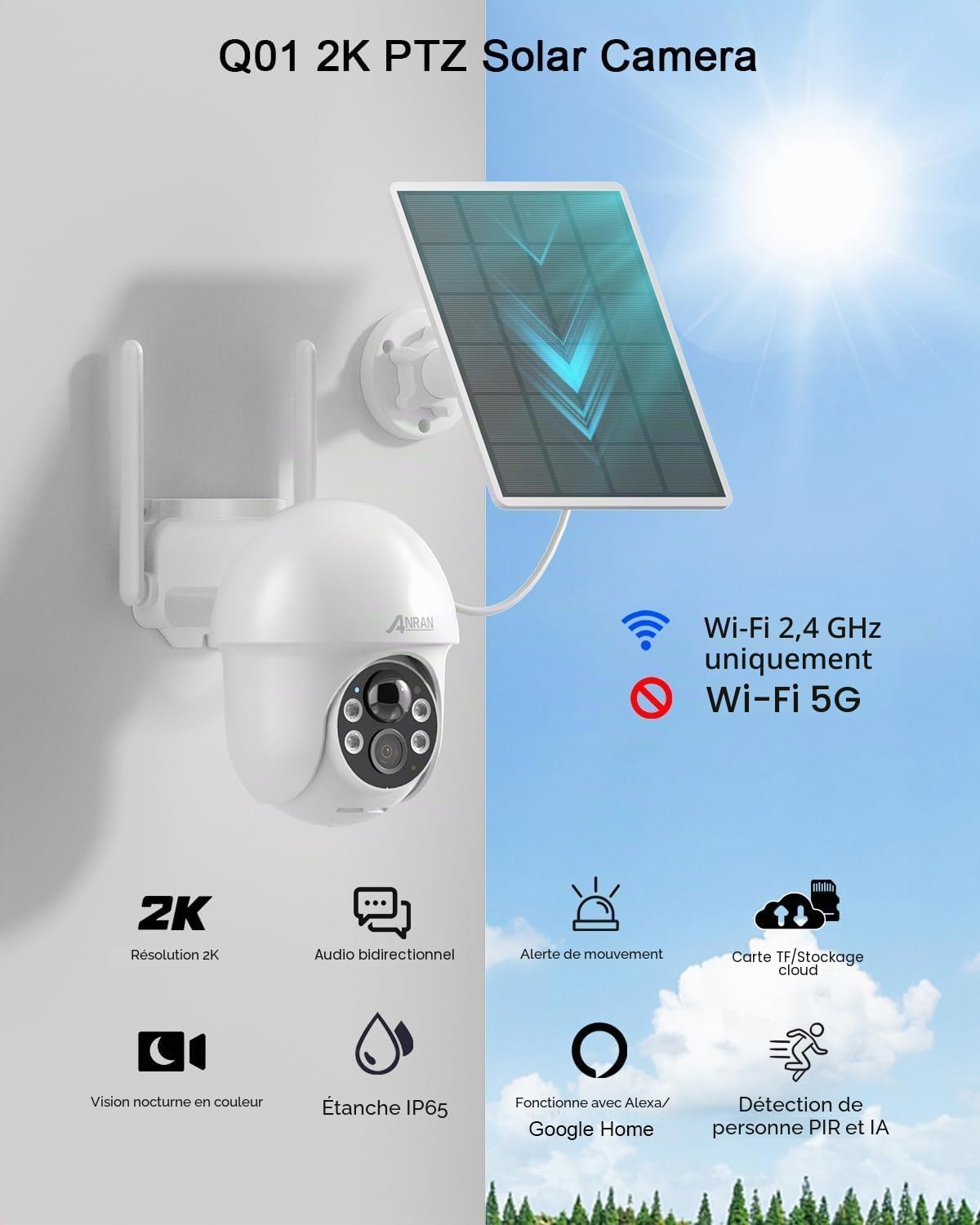 ANRAN 2K Caméra Surveillance WiFi sans Fil, Panneau Solaire+Batteries, 360° Pan/Tilt, Détection Mouvement PIR, Couleur Vision Nocturne Alarme Audio, SD/Cloud, Compatible Alexa, Blanc
