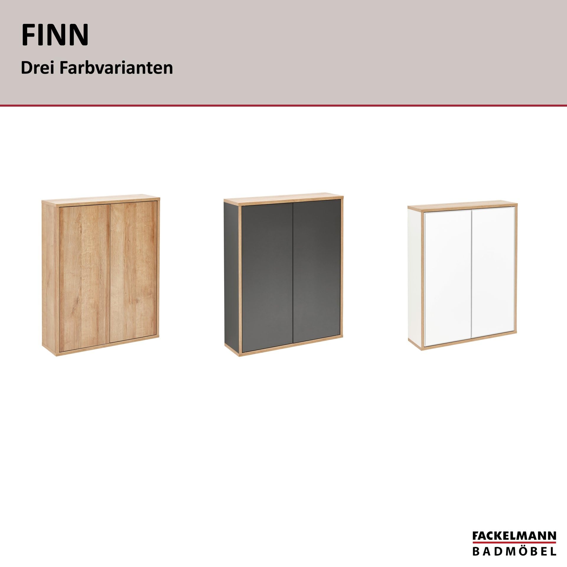 FACKELMANN Finn Hängeschrank Weiß im Retrostil, 60 cm breit, mit Push-to-Open Technik und Rahmendekor in Eichen-Optik, ideal für kleine Bäder und Gäste WCs