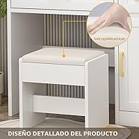 Vista 6 de Escritorio de tocador con espejo y luces y toma de corriente, escritorio de maquillaje con cajón y estantes de almacenamiento, 3 modos