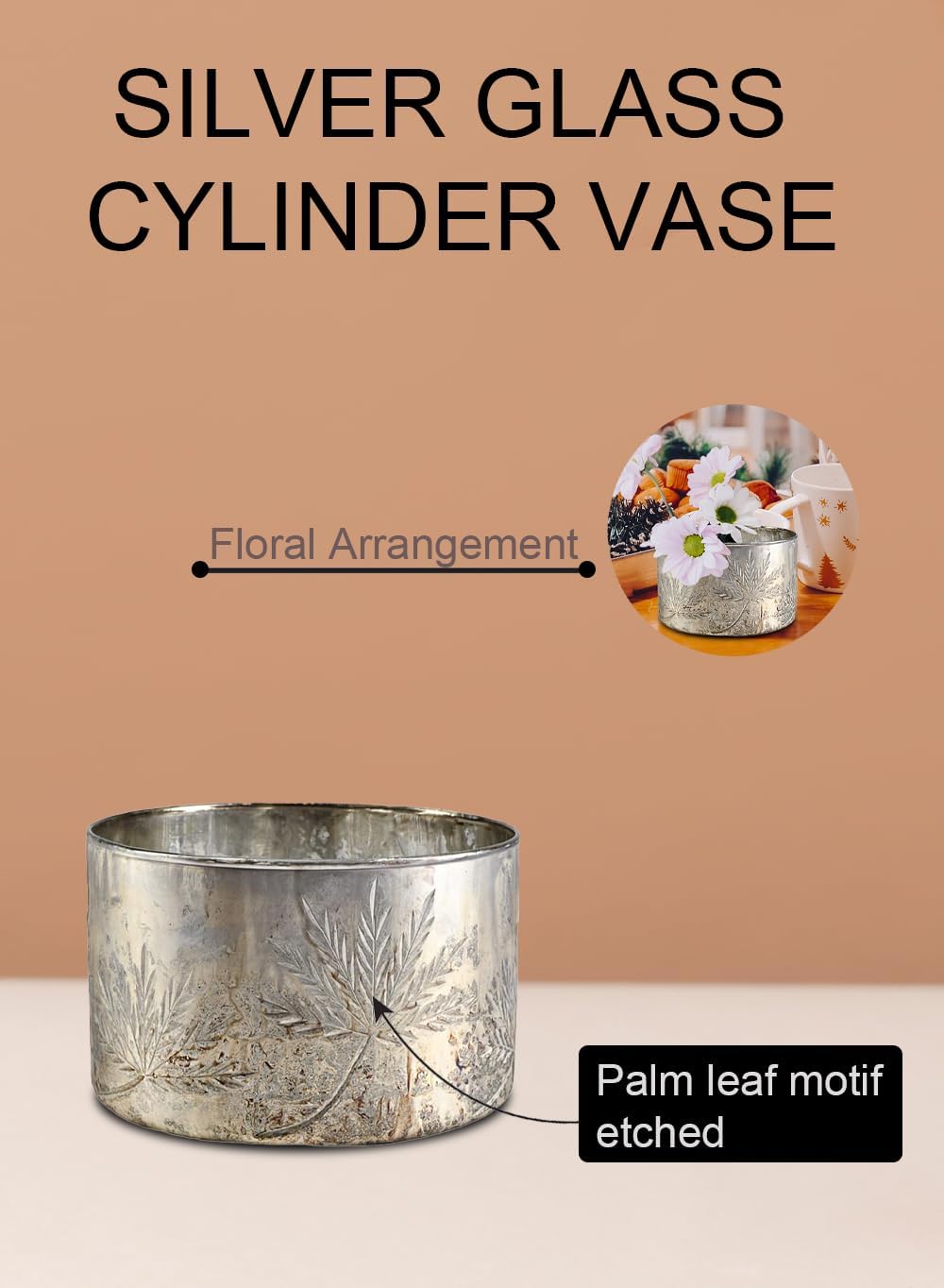 Serene Spaces Living Silver Glass Cylinder Vase, Use for Floral Arrangements or as Candle Holder, Cylindrical Shape Offers Endless Design Options, Measures 7" Diameter & 5 1/4" Tall