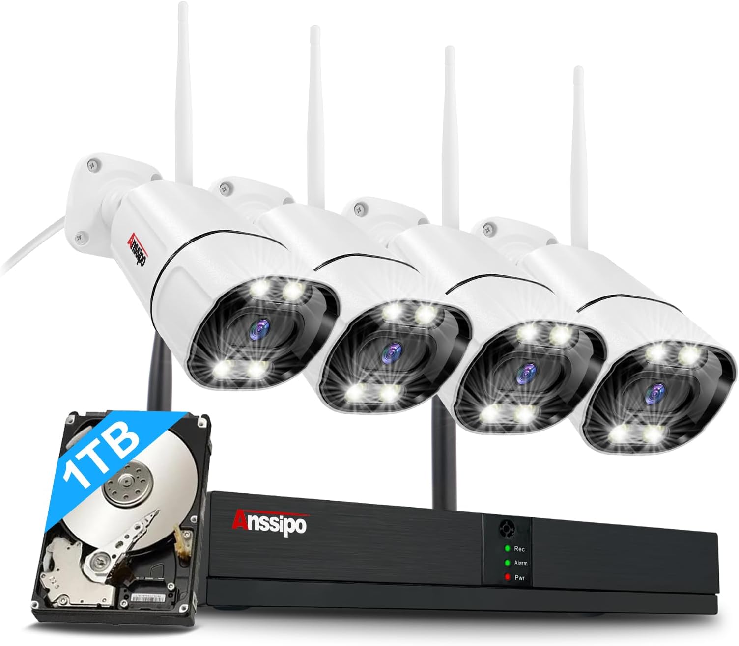 4K Home Security Camera System, 4pcs Plug-in WiFi Security Cameras for Indoor Outdoor 24/7 Recording, Dual Warning 8 Channel NVR 1TB Hard Drive, 2 Way Audio, AI Detection, Spotlights Night Vision