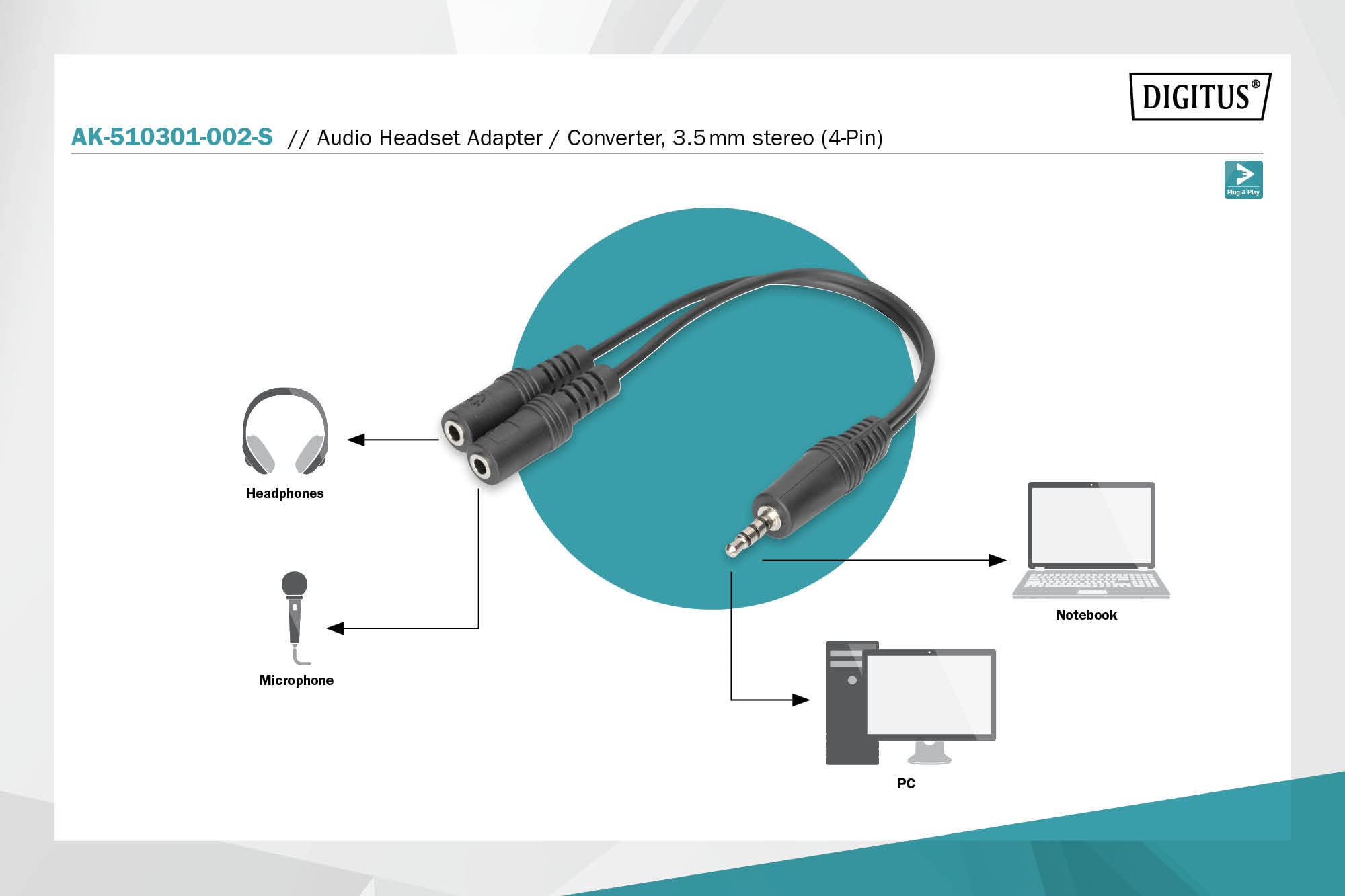 DIGITUS adapter słuchawek stereo - 2x gniazdo 3,5 mm na jack 3,5 mm - adapter mikrofonu - adapter słuchawek - 0,2 m - czarny - do smartfonów, komputerów, laptopów, konsol do gier, kontrolerów gier