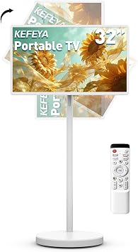 KEFEYA 32" Portable Smart TV, FHD Touchscreen Rolling TV with Swivel Stand, Voice Remote, Android 15, 8GB RAM+128GB Storage, Built-in Battery 68Hrs, EDLA-Certified, 20W Stereo