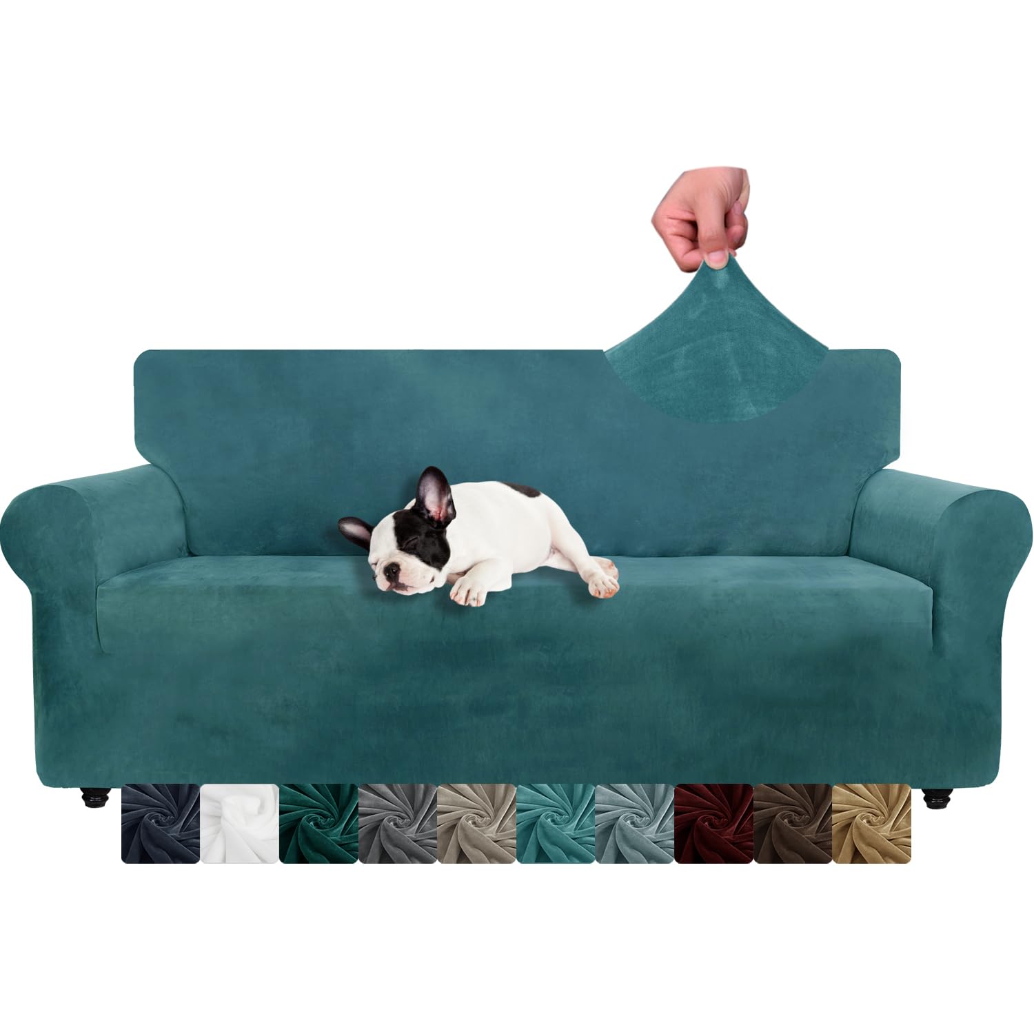 XINEAGE 1 Piece Velvet Couch Covers for 3 Cushion Couch Living Room High Stretch Sofa Cover Pets Dogs Friendly Anti Slip Thickened Slipcovers Furniture Protector (3 Seater, Peacock Blue)