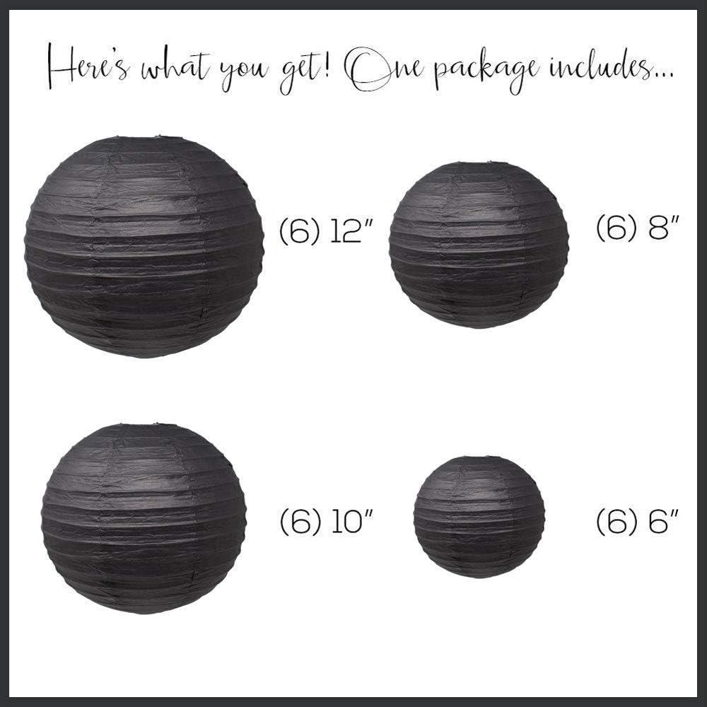 Just Artifacts Decorative Round Chinese Paper Lanterns 24pcs Assorted Sizes (Color: Black)