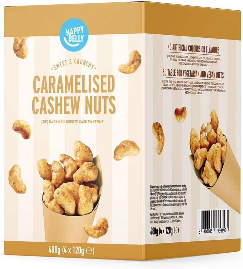 Amazon Brand Happy Belly Caramelised Cashews, 120g, Pack of 4