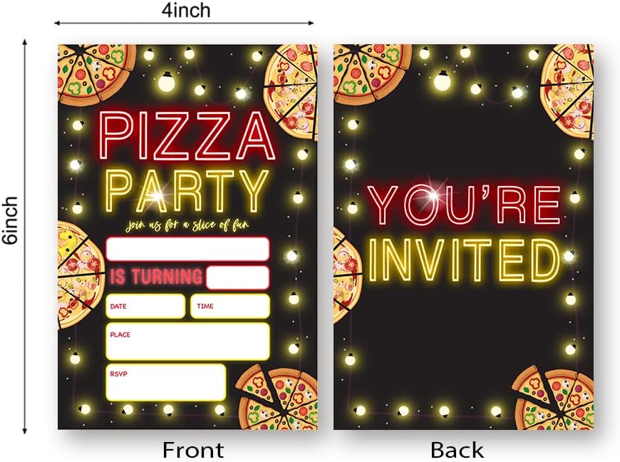 Pizza Birthday Invitation, Glow Birthday Invitations, Pizza Birthday Party Invitations, Glow Neon Party Favors Neon Party Invites Cards. (075)