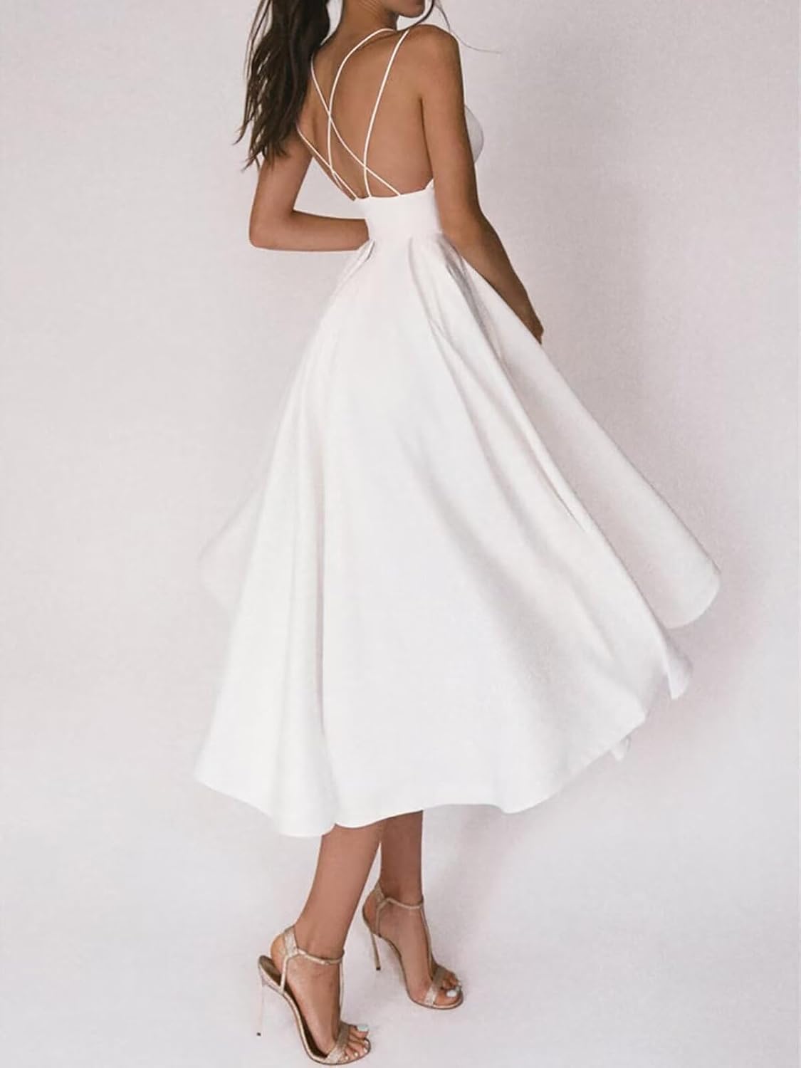Women's Tea Length Wedding Dresses for Bride Satin Simple A Line Midi Formal Bridal Dress for Women