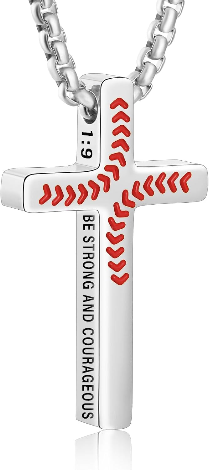 Baseball Bible Verse Cross Necklace for Boys Men, Stainless Steel Cross Pendant Baseball Game Day Christian Religious Jewelry Gifts for Teen Boys Kids