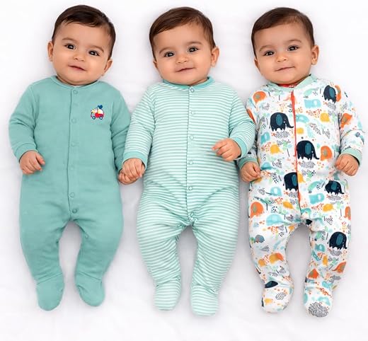 VParents Rompers for New Born Baby Girl &amp; Boy (Pack of 3), 100% Cotton Full Sleeve Romper/Bodysuit/Jumpsuit/Onesies/Sleeps...