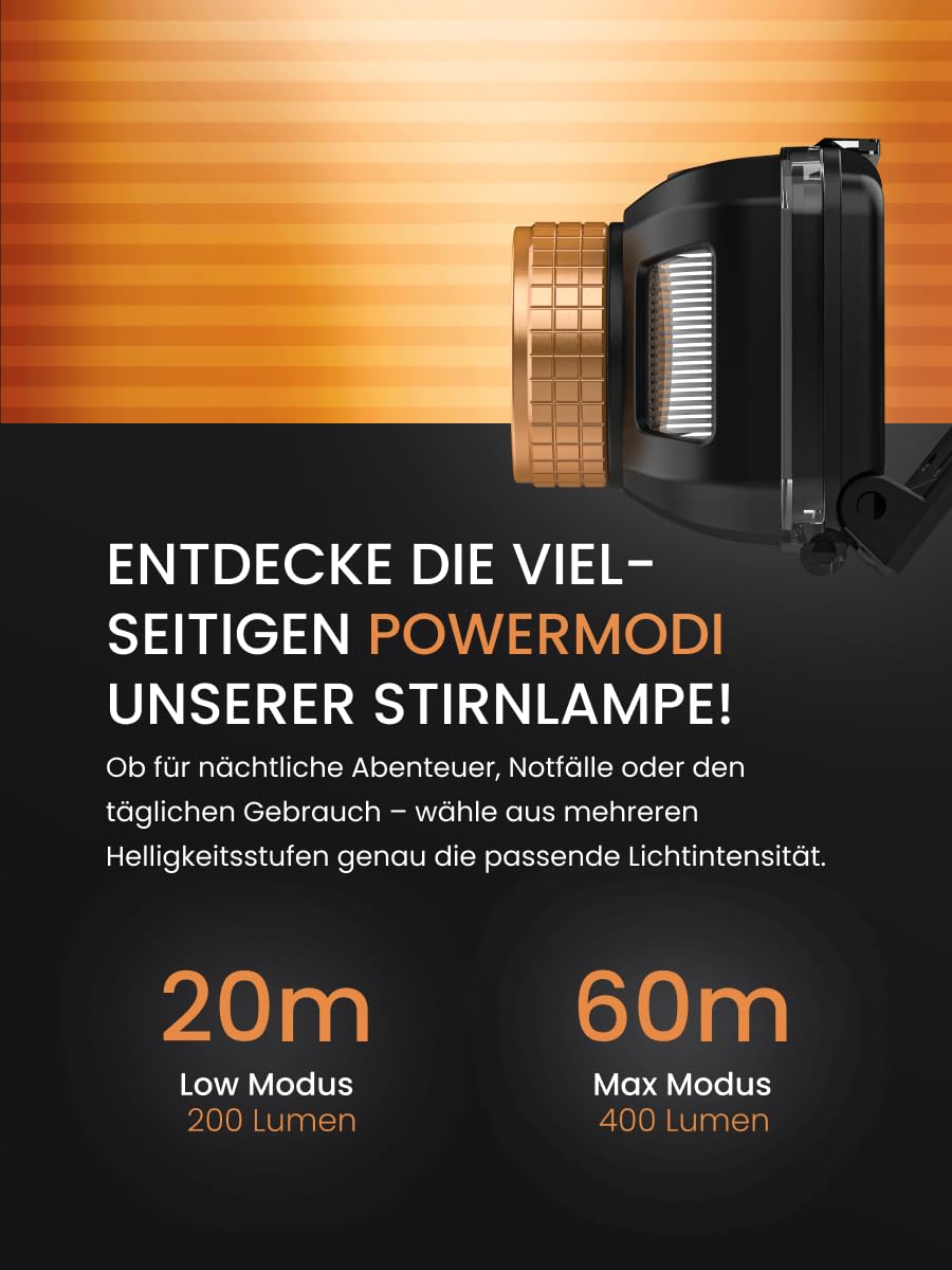 Duracell Lampe frontale LED DH400 Core – 400 lumens, focalisable, portée d'éclairage 50 m, fonction lumière rouge, différents modes d'éclairage, 3 piles AAA incluses, ergonomique, résistante aux