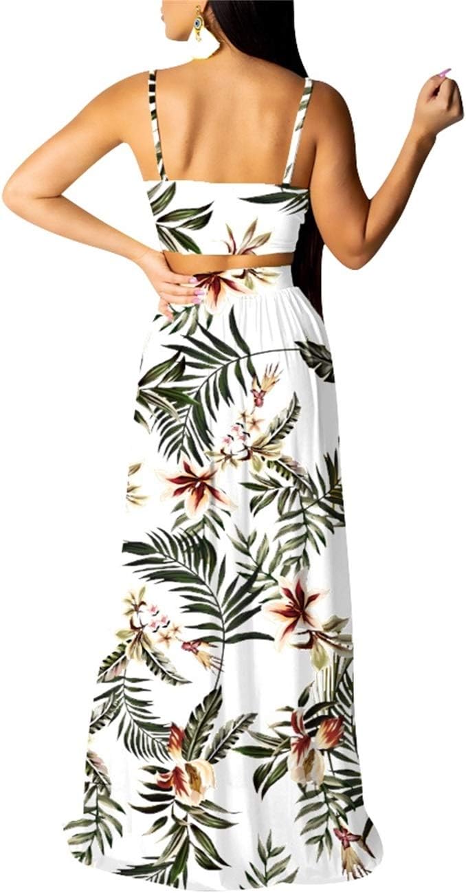 EOSIEDUR Women's Chiffon Bohemian Floral Printed 2 Piece Sets Crop Cami Top & Split Beach Party Maxi Dress - Image 2